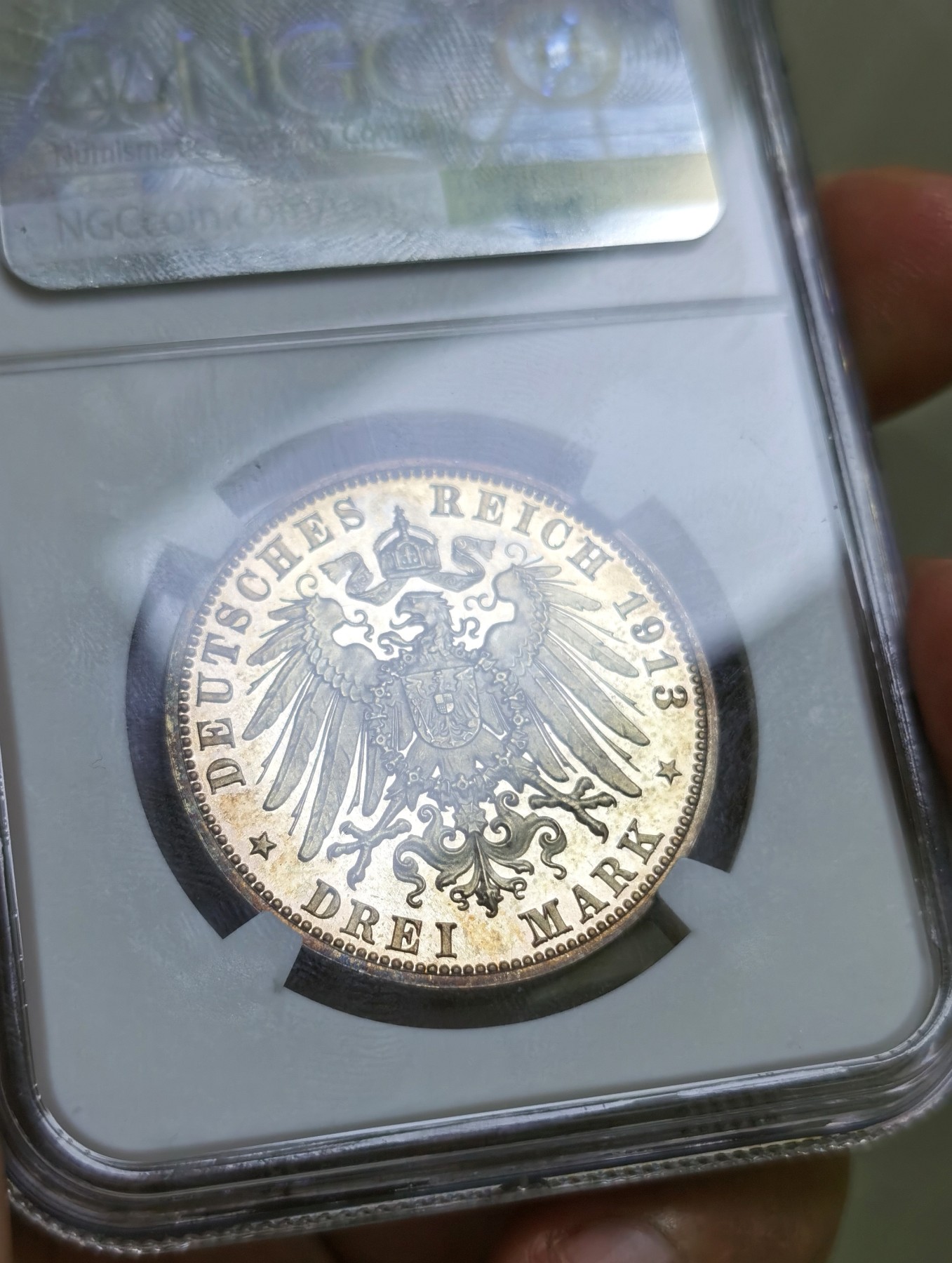 博洋堂世界钱币拍卖第056期（全场包邮） 1913年德国莱比锡建功碑3马克精制银币NGC-PF62，原汁原味五彩老包浆，PROOF镜面状态精制币，状态佳。获得更高的评分数目25枚，发行量稀少，略为低评