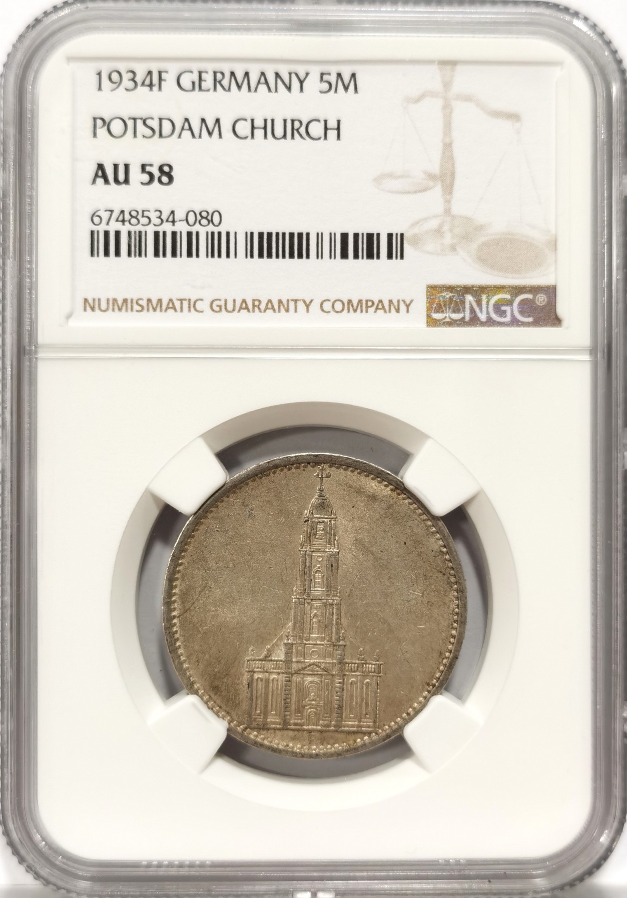 博洋堂世界钱币拍卖第056期（全场包邮） NGC AU58 德国第三帝国1934年F版教堂卍字5马克银币，细节清晰，状态好，原味包浆，转光强