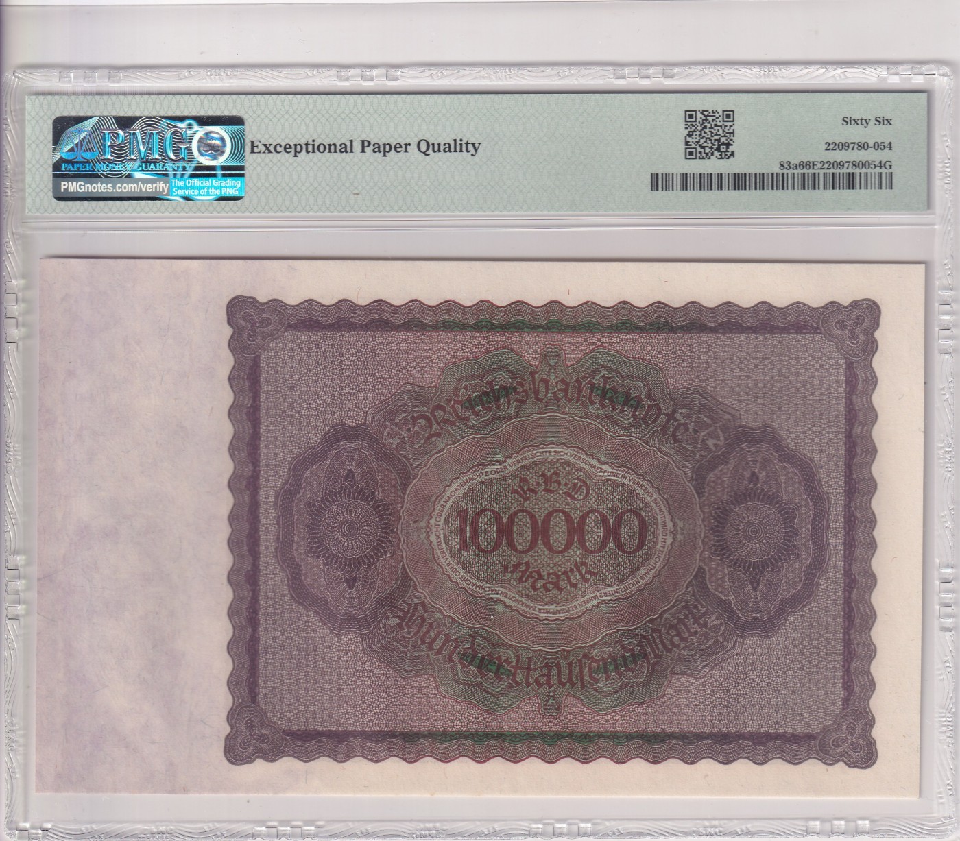 🌗乐淘淘世界纸币拍卖 第34期🌓 【K05663571】德国1923年纸币 100000马克 百年老钞 PMG66EPQ 亚军分