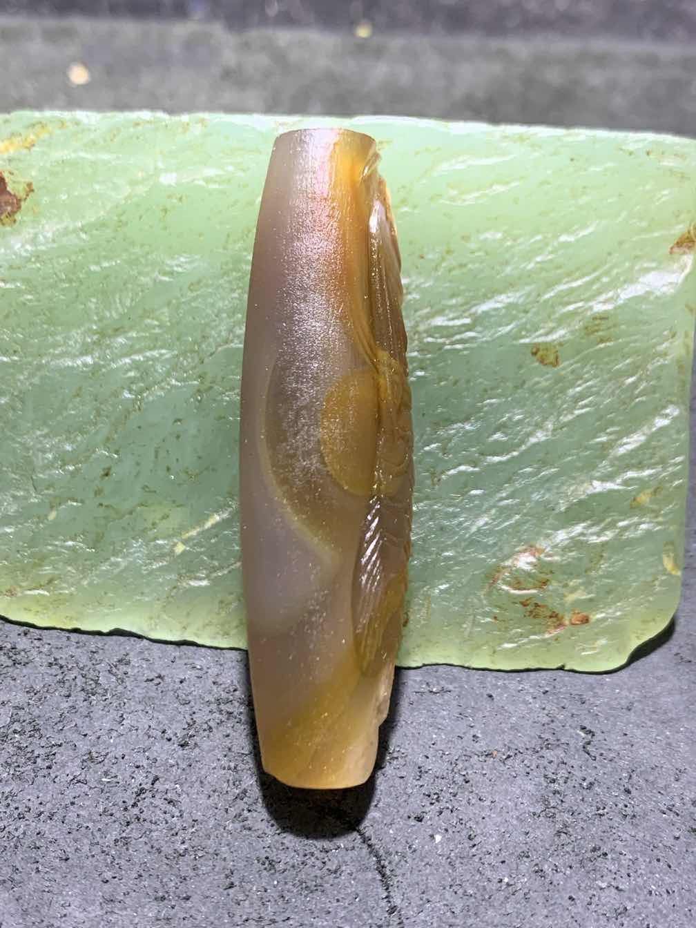 精美亚光高玉化冰飘巴西玛瑙手工俏色巧雕招财龙鱼大桶珠一个！