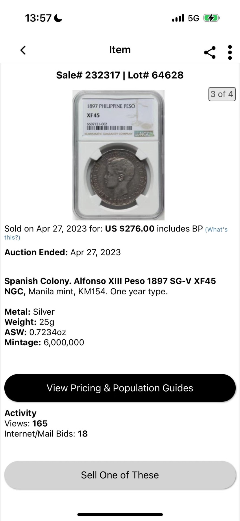 博洋堂世界钱币拍卖第056期（全场包邮） NGC XF45 1897年西属菲律宾1比索银币 西属菲律宾唯一的大银，仅发行一年，深灰色包浆，光下五彩