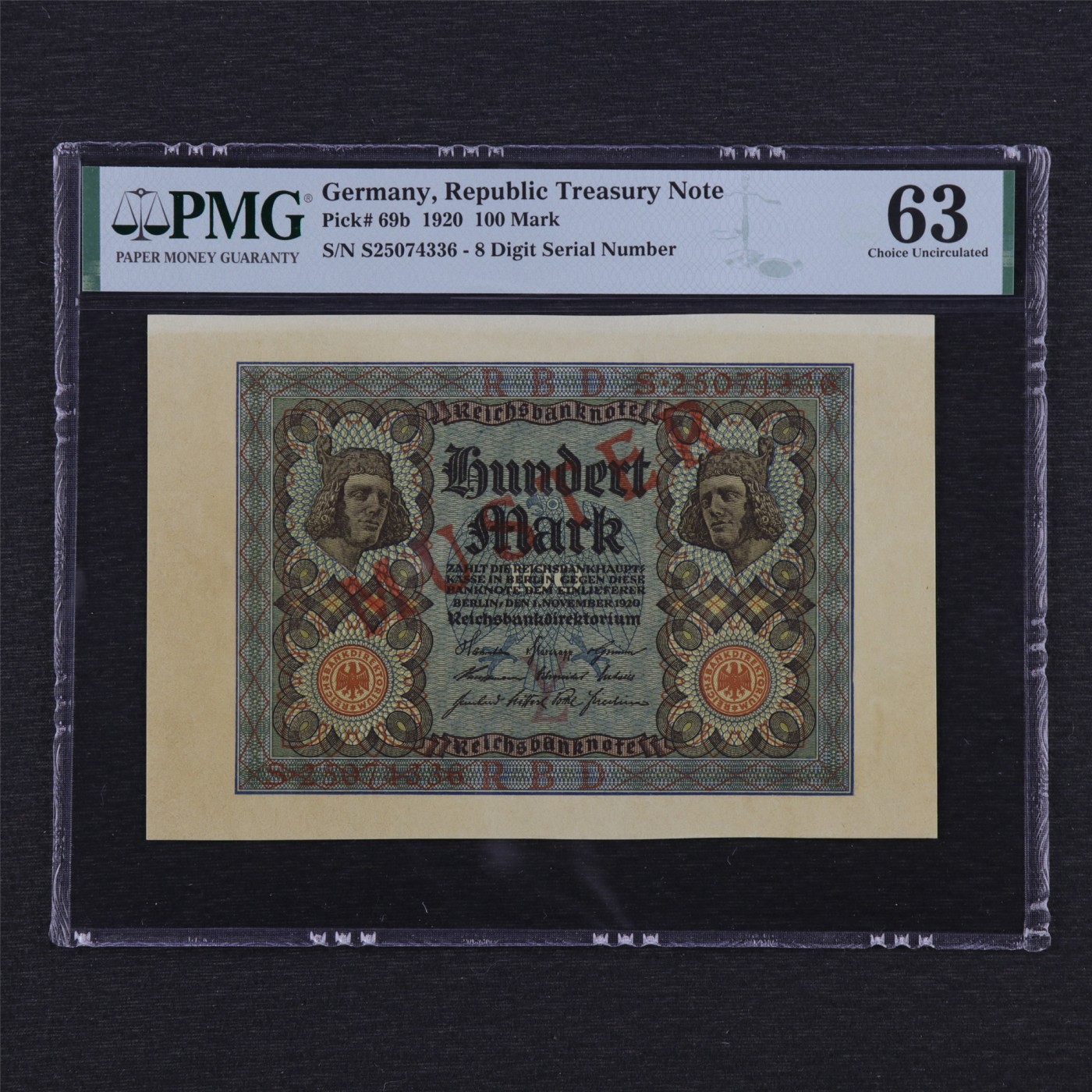 【亘邦集藏】 第182期拍卖 【票样】1920年 德国100马克 PMG 63 S25074336