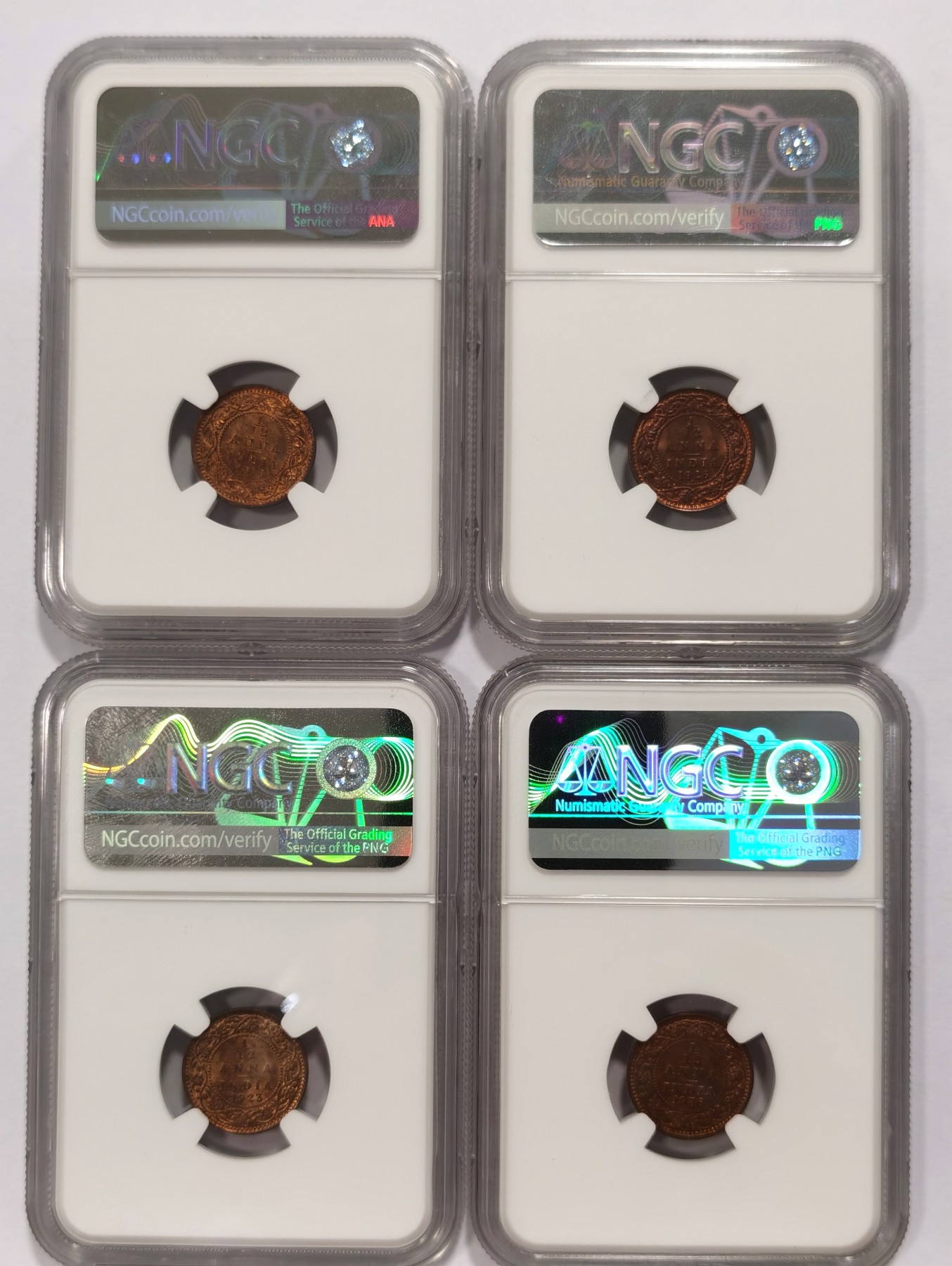 博洋堂世界钱币拍卖第056期（全场包邮） NGC MS64RB 英属印度乔治五世不同年份1/12安娜铜币4枚一组，状态都很好