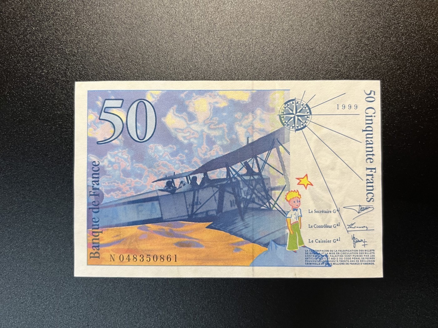 🌗乐淘淘世界纸币拍卖 第34期🌓 【N048350861】法国1999年纸币 50法郎 小王子 一处荧光斑 UNC