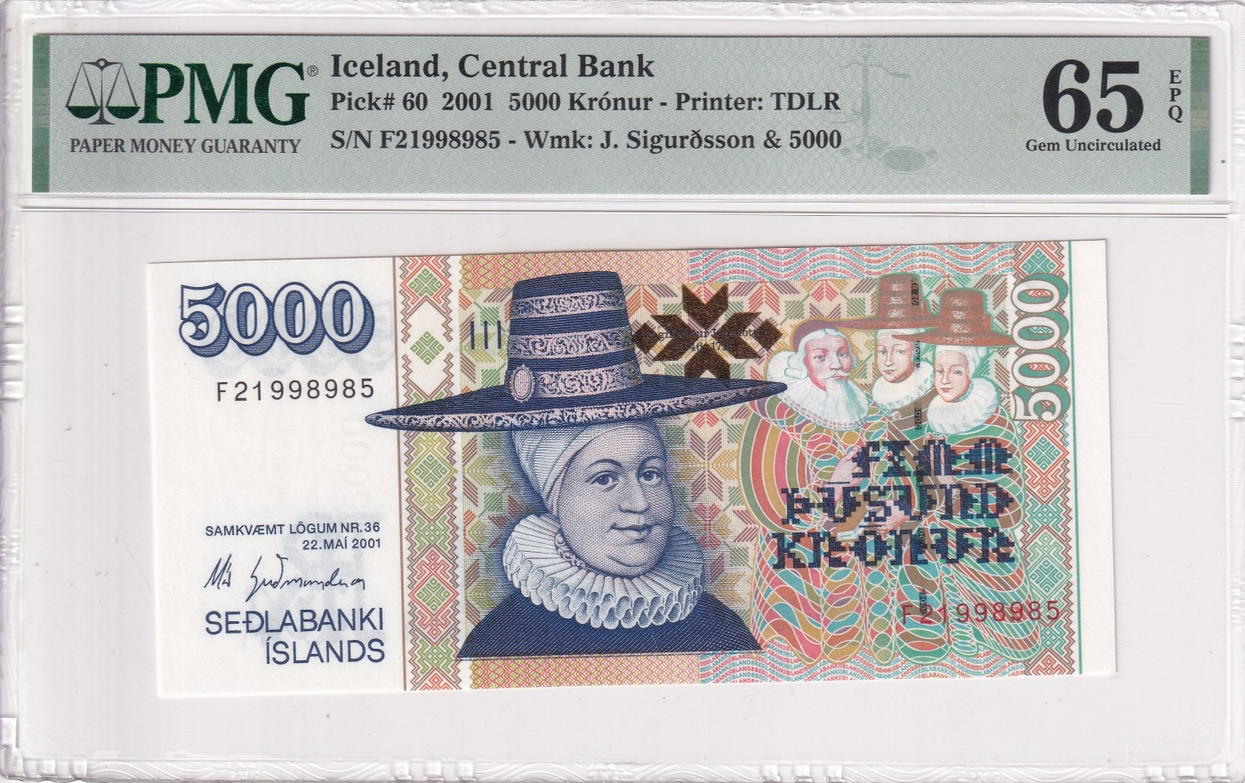 🌗乐淘淘世界纸币拍卖 第34期🌓 【F21998985】冰岛2001年纸币 5000克朗 无47 PMG65EPQ