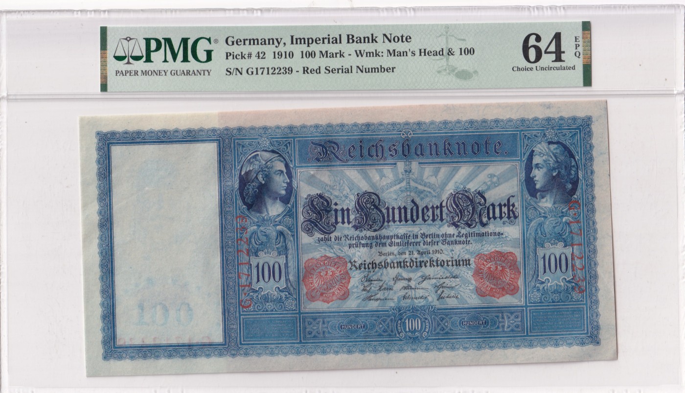 🌗乐淘淘世界纸币拍卖 第34期🌓 【G1712239】德国1910年纸币 100马克 百年老钞 精美大票幅 PMG64EPQ