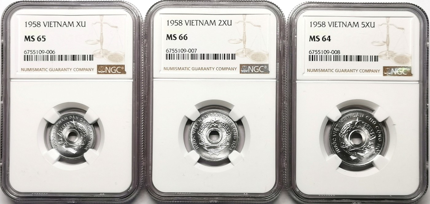 凡希社世界钱币微拍第二百五十七期（感恩专场） 1958越南民主共和国中孔三枚套NGC-MS65/66/64