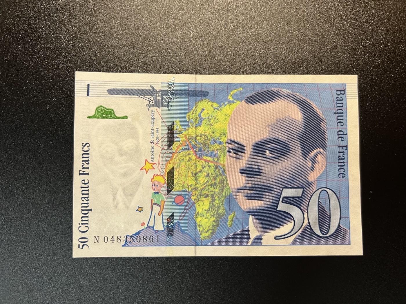 🌗乐淘淘世界纸币拍卖 第34期🌓 【N048350861】法国1999年纸币 50法郎 小王子 一处荧光斑 UNC