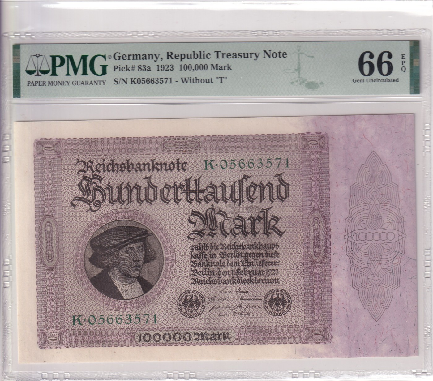 🌗乐淘淘世界纸币拍卖 第34期🌓 【K05663571】德国1923年纸币 100000马克 百年老钞 PMG66EPQ 亚军分