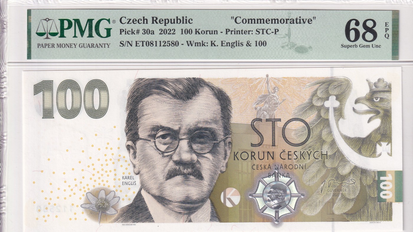 🌗乐淘淘世界纸币拍卖 第34期🌓 【ET08112580】捷克2022年纸币 100克朗 纪念钞 无47 精美大票幅 PMG68EPQ 高分