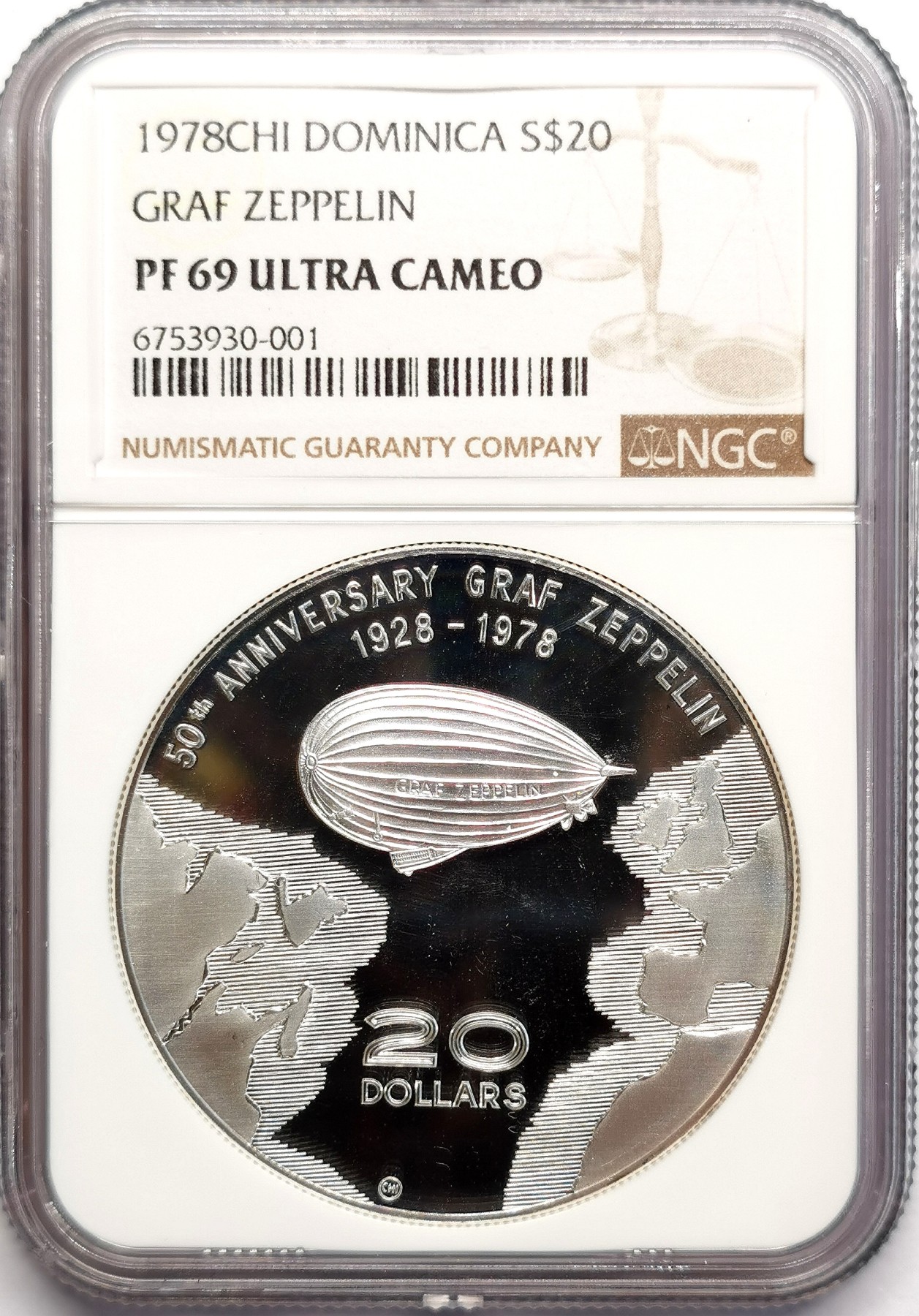 凡希社世界钱币微拍第二百五十七期（感恩专场） 荐！1978多米尼克齐柏林飞艇20元纪念大银精铸NGC-PF69UC附原盒证书！