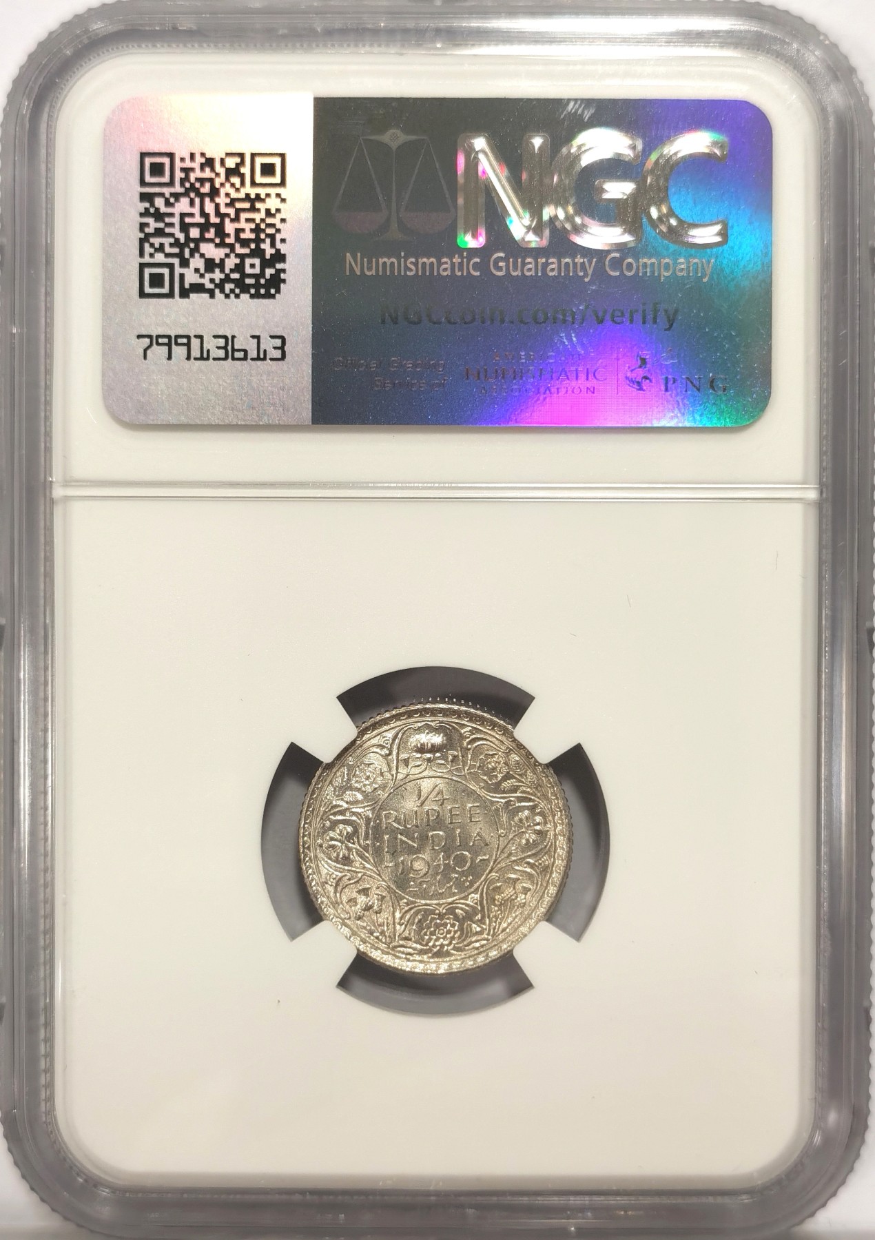 博洋堂世界钱币拍卖第056期（全场包邮） NGC MS64 英属印度1940年C版乔治六世1/4卢比银币