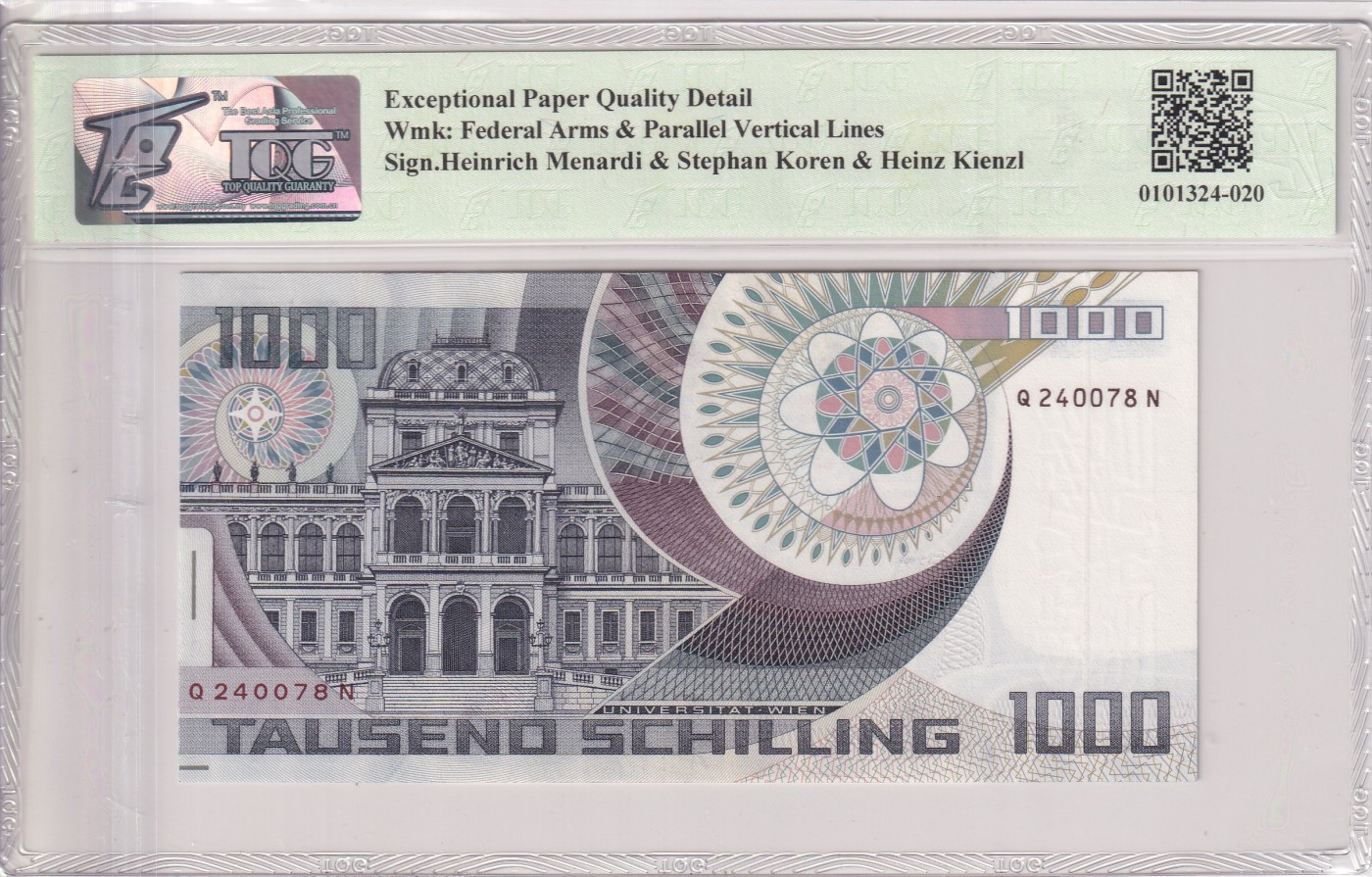 🌗乐淘淘世界纸币拍卖 第34期🌓 【Q 240078 N】奥地利1983年纸币 1000先令 薛定谔 TQG66EPQ