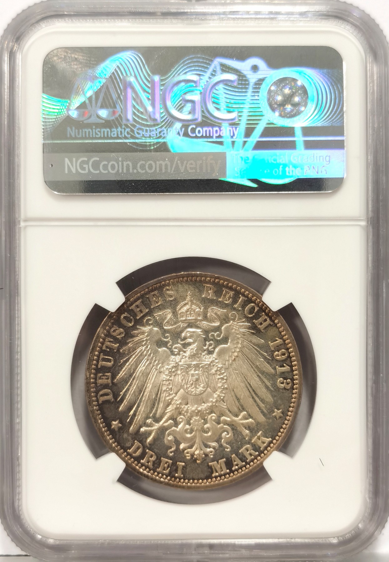 博洋堂世界钱币拍卖第056期（全场包邮） 1913年德国莱比锡建功碑3马克精制银币NGC-PF62，原汁原味五彩老包浆，PROOF镜面状态精制币，状态佳。获得更高的评分数目25枚，发行量稀少，略为低评