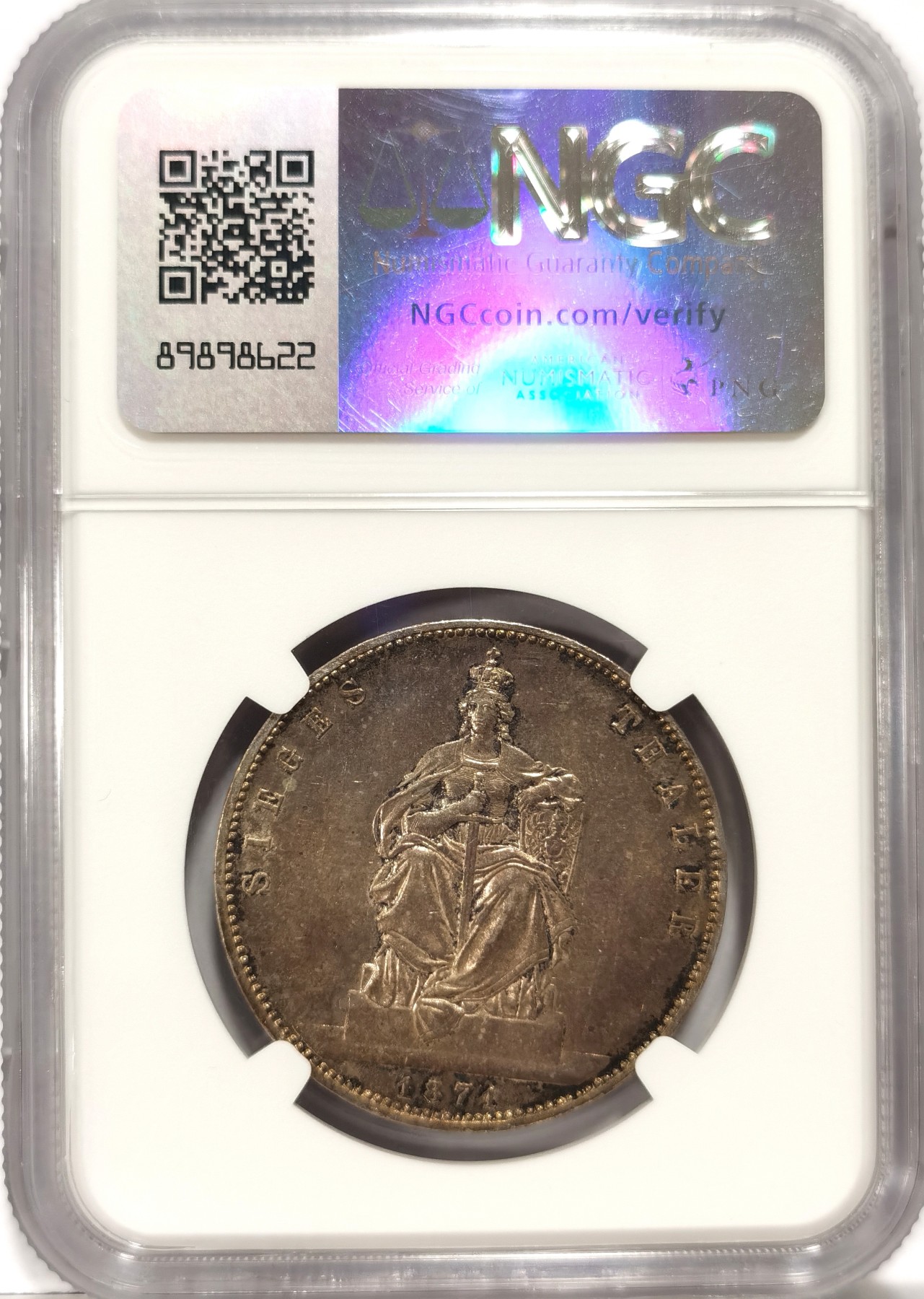 博洋堂世界钱币拍卖第056期（全场包邮） NGC MS62 德国普鲁士1871年普法战争胜利纪念泰勒，黑色五彩包浆，原味转光