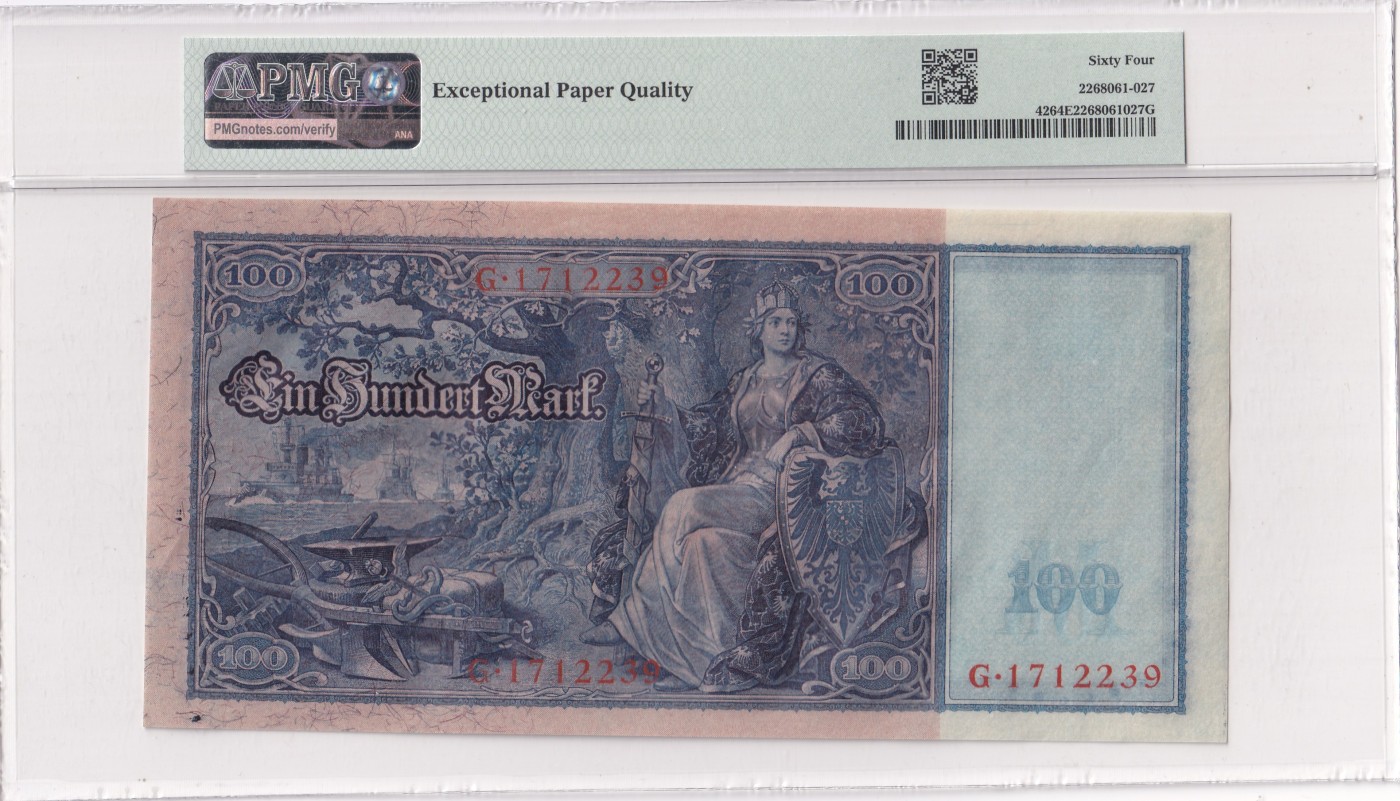 🌗乐淘淘世界纸币拍卖 第34期🌓 【G1712239】德国1910年纸币 100马克 百年老钞 精美大票幅 PMG64EPQ