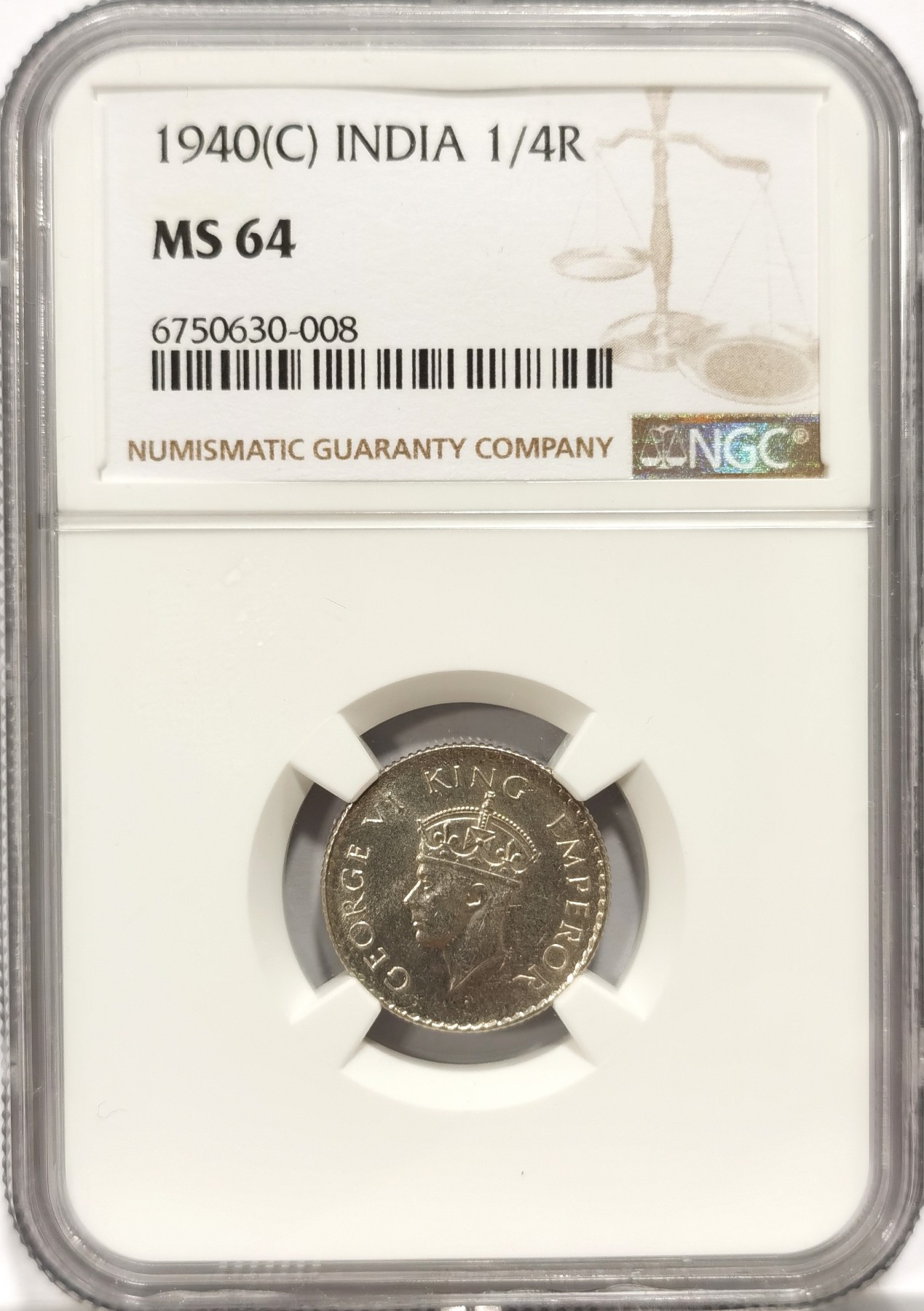 博洋堂世界钱币拍卖第056期（全场包邮） NGC MS64 英属印度1940年C版乔治六世1/4卢比银币