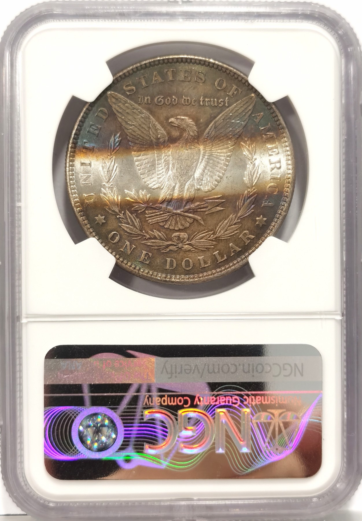 博洋堂世界钱币拍卖第056期（全场包邮） 1887年美国摩根银币P版五彩币NGC-MS63，原汁原味五彩老包浆，包浆醇厚，打制精美，脸干净又漂亮，非常有创意的趣味一字彩。低评，状态和品质不输现在的64分