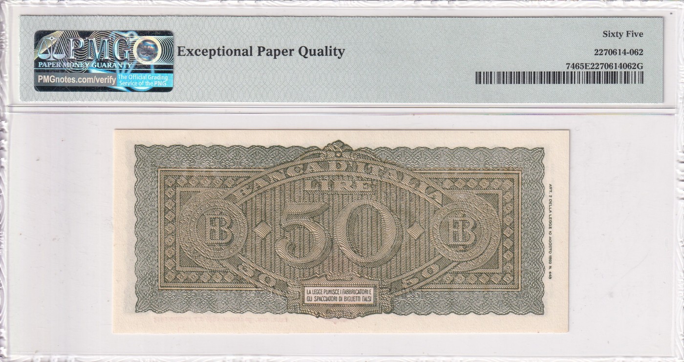 🌗乐淘淘世界纸币拍卖 第34期🌓 【Y104 028154】意大利1944年纸币 50里拉 PMG65EPQ