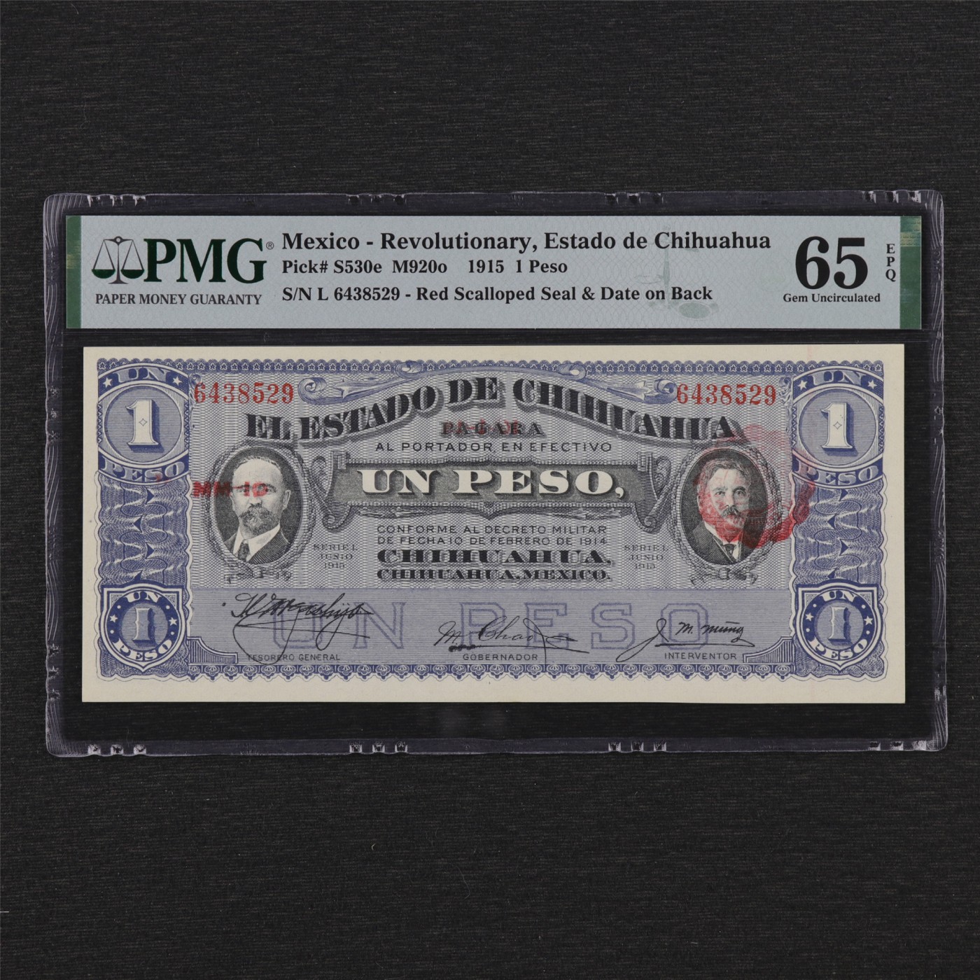 【亘邦集藏】 第182期拍卖 1915年 墨西哥1比索 PMG 65EPQ 6438529