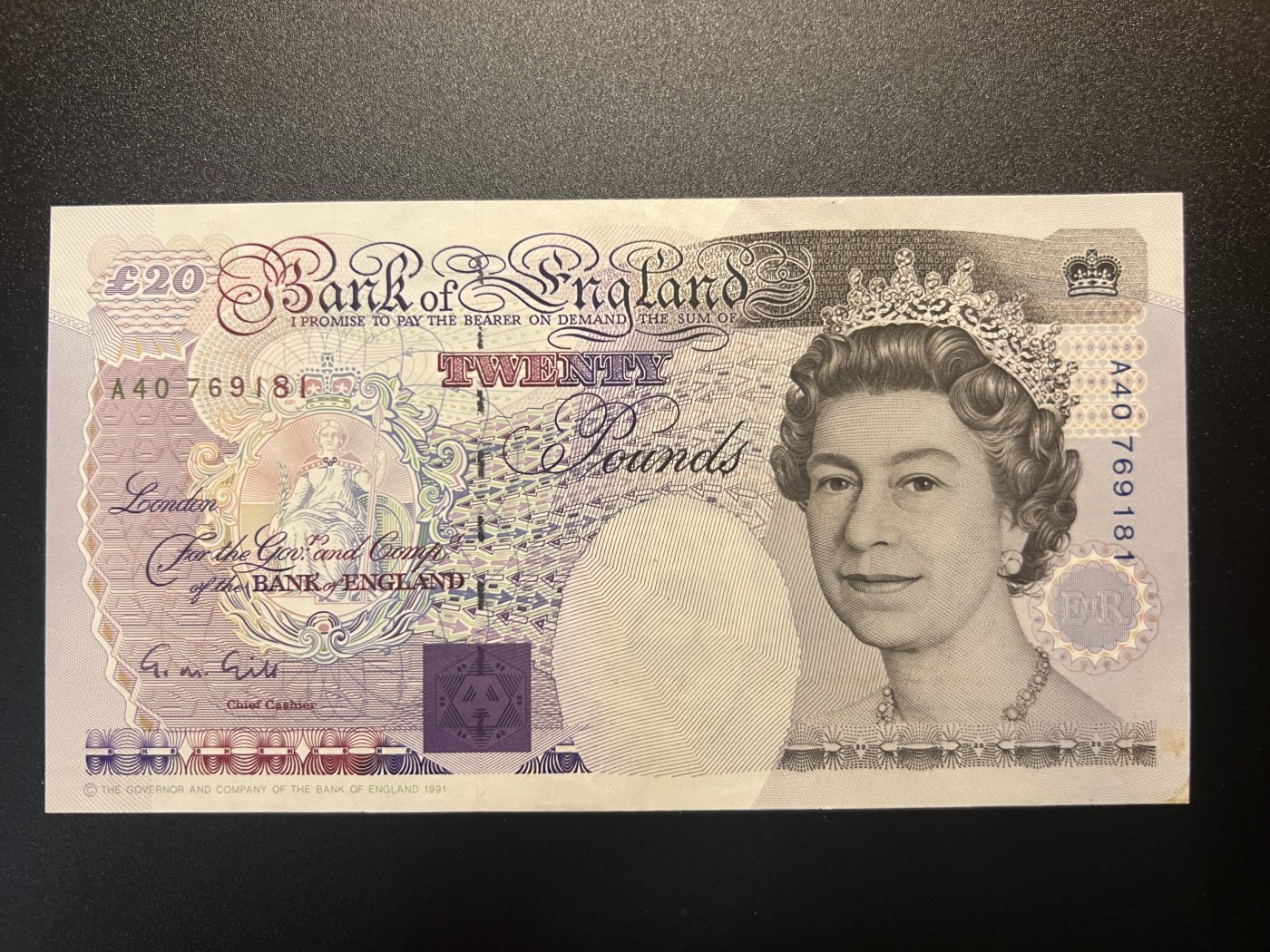 🌗乐淘淘世界纸币拍卖 第34期🌓 【A40 769181】英国1991年纸币 20镑 E序列 A冠 皇冠版 女王钞 品相如图