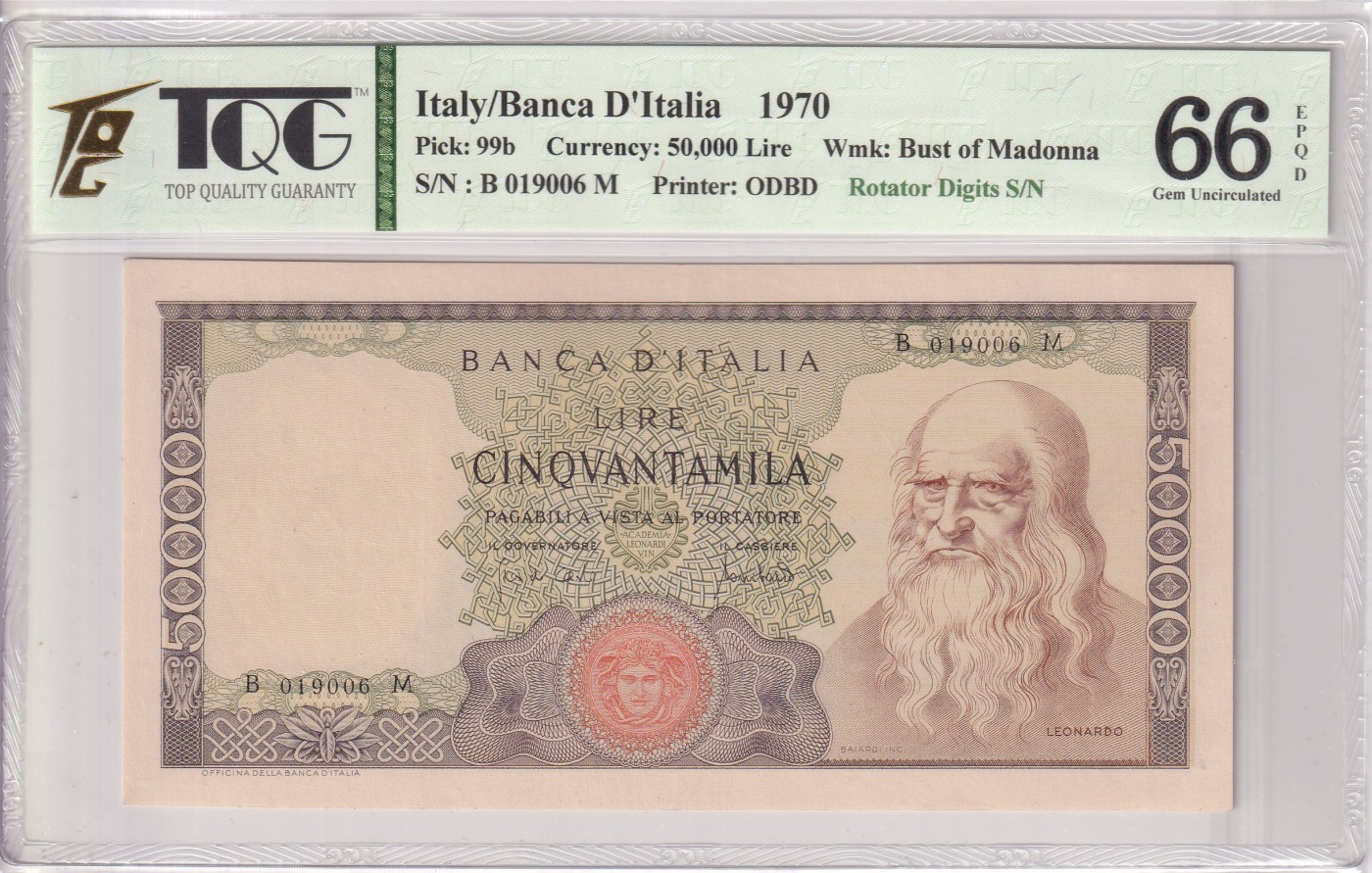 🌗乐淘淘世界纸币拍卖 第34期🌓 【B 019006 M】意大利1970年纸币 50000里拉 经典达芬奇 靓号 倒置号 TQG66EPQD