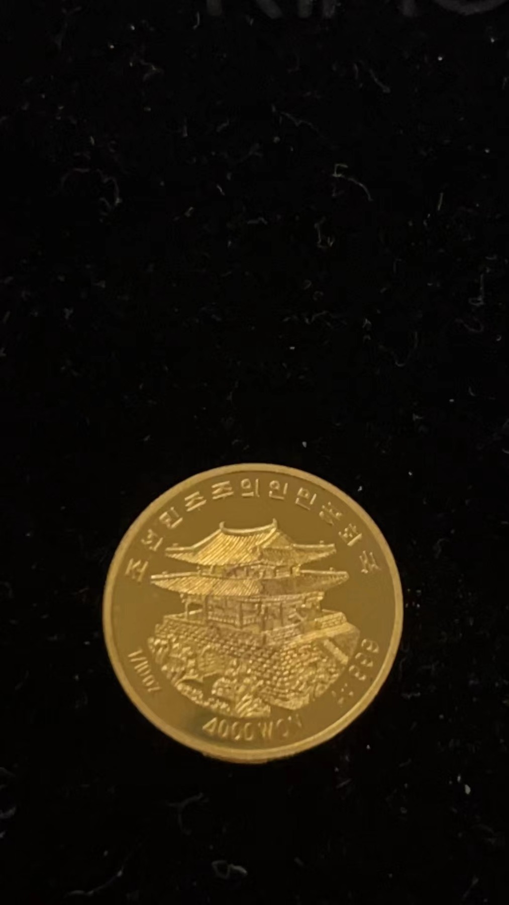 254.【鲸贝乐淘★两拍包邮】弟子规·第“父母教，须敬听， 父母责，须顺承。”号拍卖 【朝鲜金币】柳京饭店 面值:4000朝鲜圆 年份：2014年 金属:999金 重量:1/10盎司 直径：16毫米 发行：199枚（证书编号170），略微有红斑如图