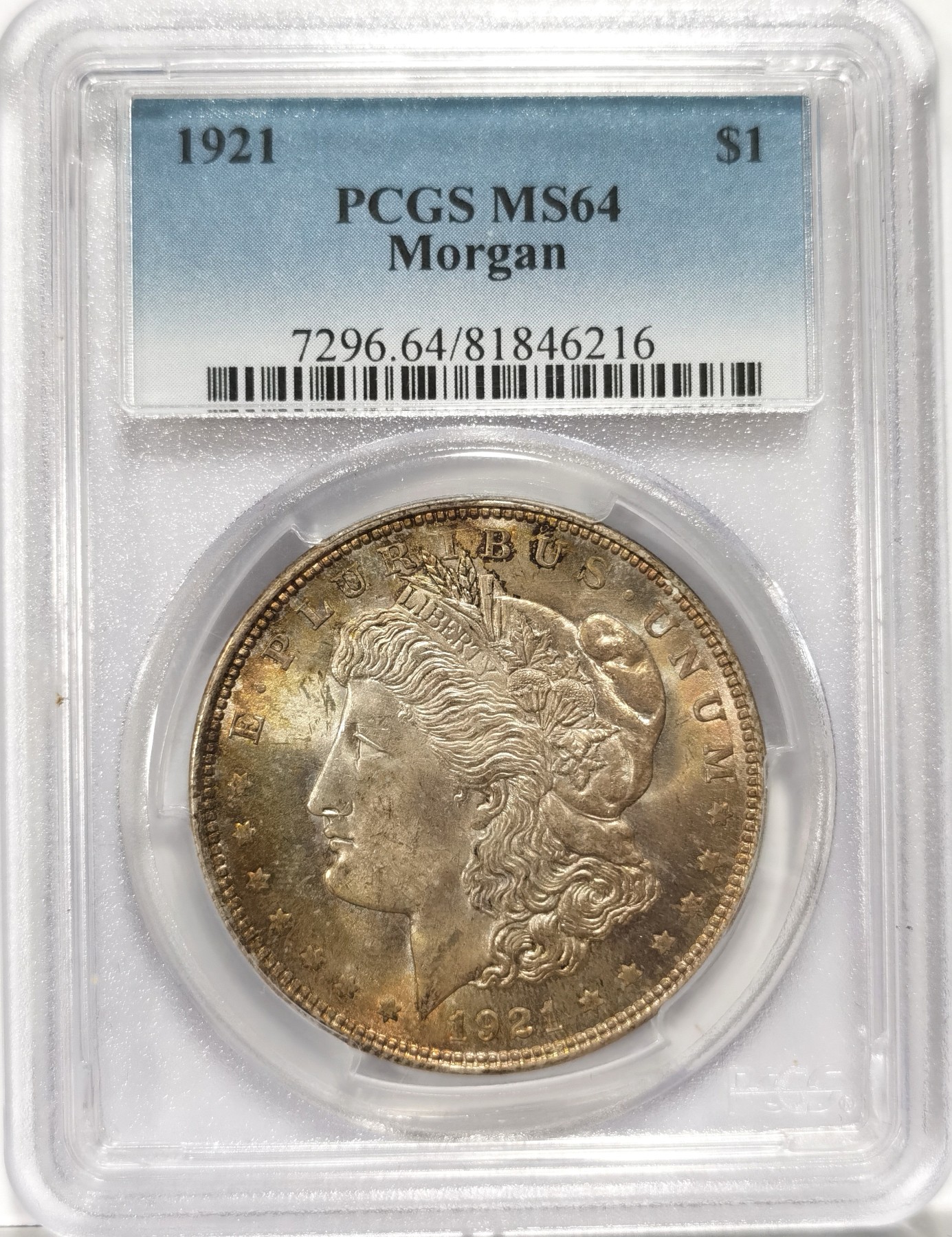 博洋堂世界钱币拍卖第056期（全场包邮） PCGS MS64 美国1921年摩根银币 均匀五彩包浆非常漂亮，视觉效果极佳，稳健品种
