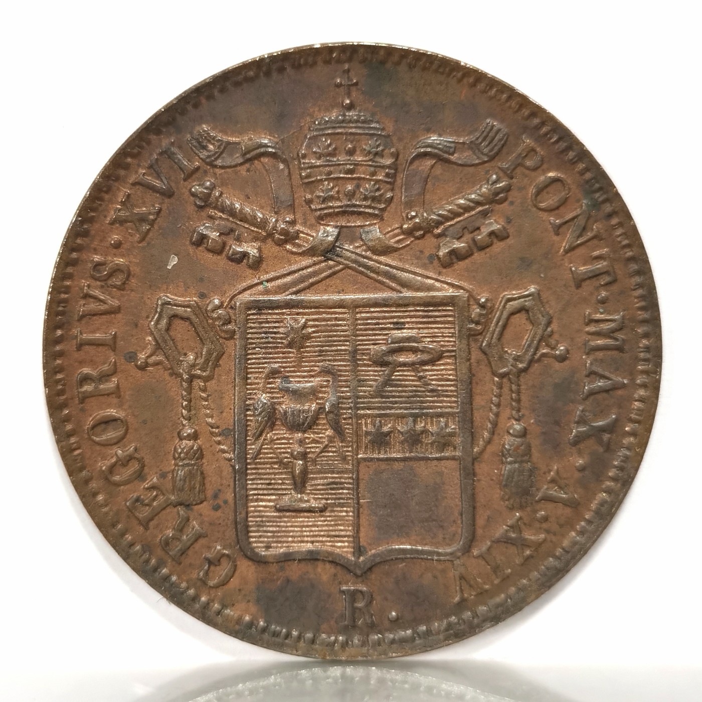 博洋堂世界钱币拍卖第056期（全场包邮） 梵蒂冈教皇国1844年1巴约科铜币，AU状态，细节好，克书价近500