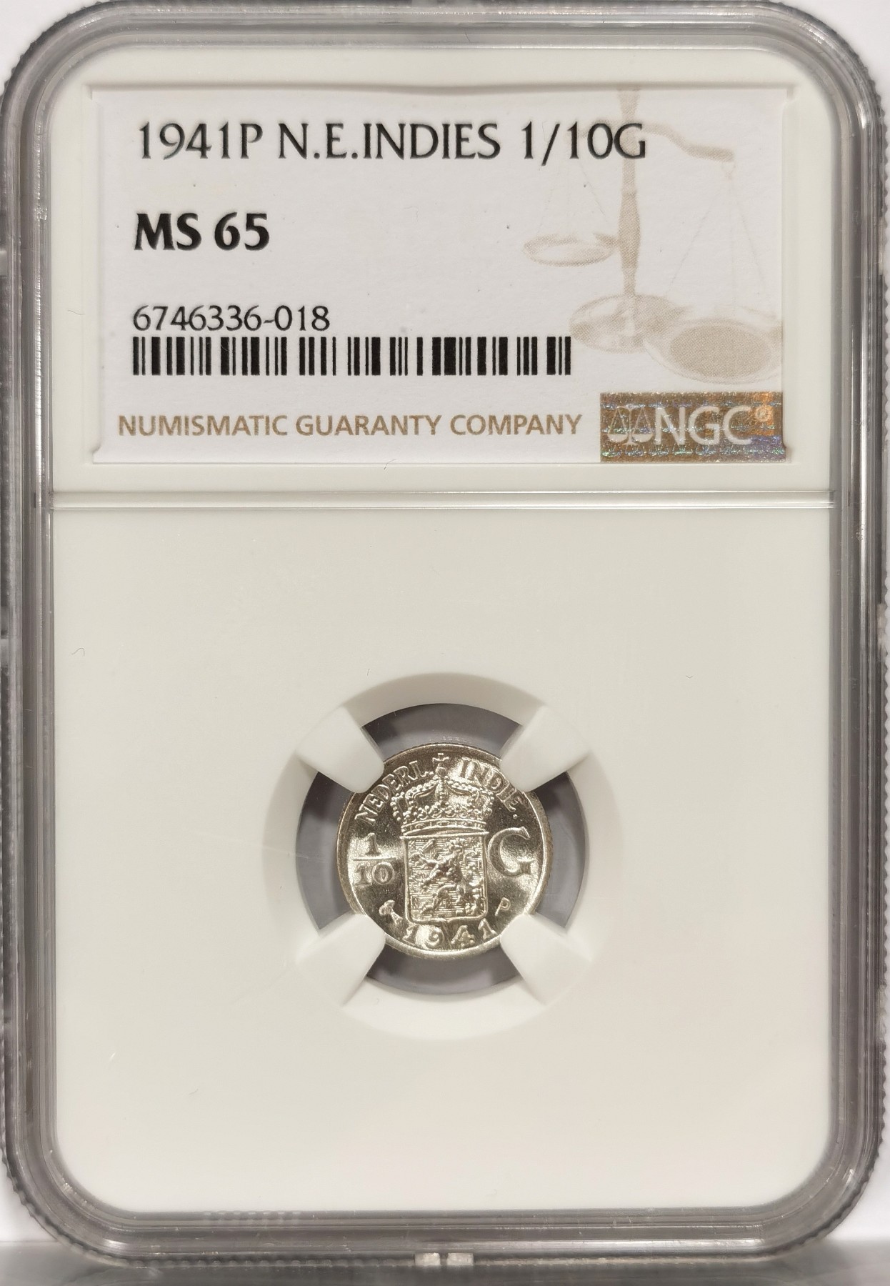 博洋堂世界钱币拍卖第056期（全场包邮） NGC MS65 荷属东印度1941年1/10G银币，原卷高分