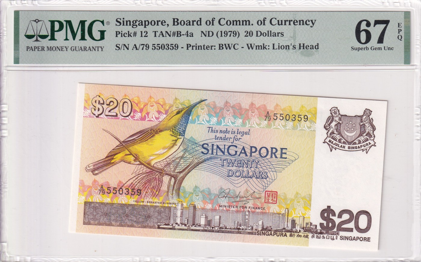 🌗乐淘淘世界纸币拍卖 第34期🌓 【A/79 550359】新加坡1979年纸币 20元 PMG67EPQ 亚军分