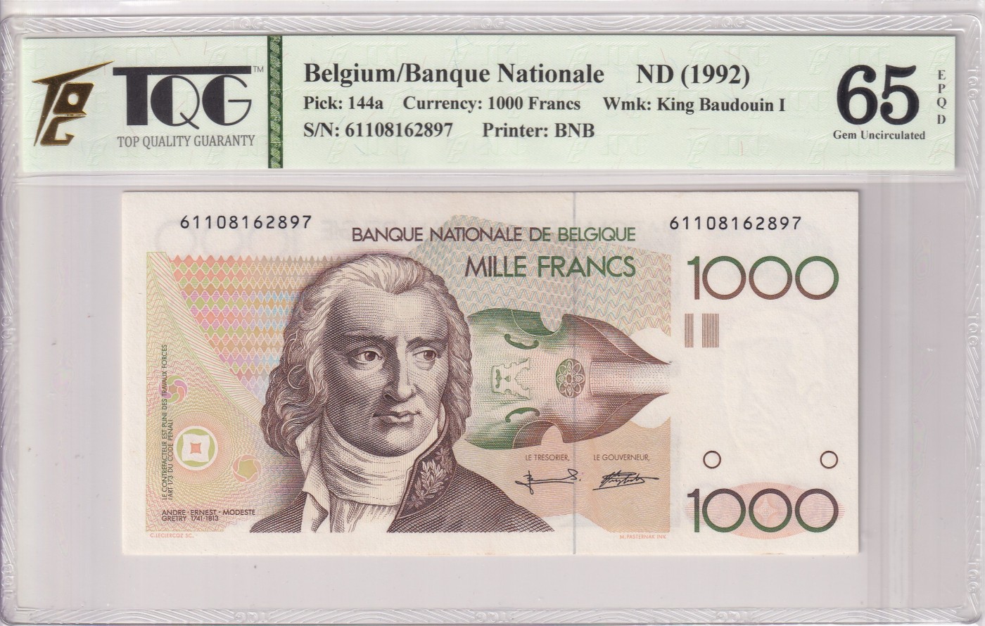 🌗乐淘淘世界纸币拍卖 第34期🌓 【61108162897】比利时1992年纸币 1000法郎 TQG65EPQ