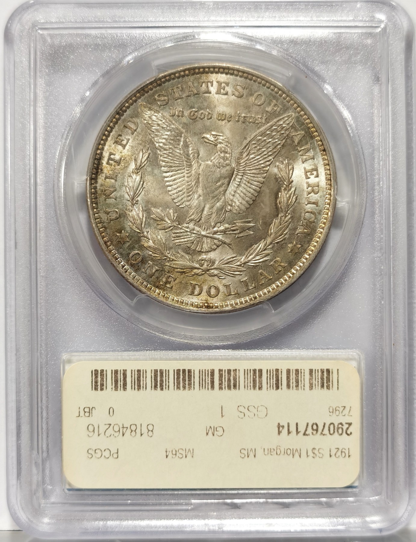 博洋堂世界钱币拍卖第056期（全场包邮） PCGS MS64 美国1921年摩根银币 均匀五彩包浆非常漂亮，视觉效果极佳，稳健品种
