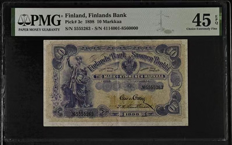 🌗乐淘淘世界纸币拍卖 第34期🌓 【5555263】芬兰1898年纸币 10马克 狮子头 无47 百年老钞稀缺品 季军分 稀少带EPQ PMG45EPQ