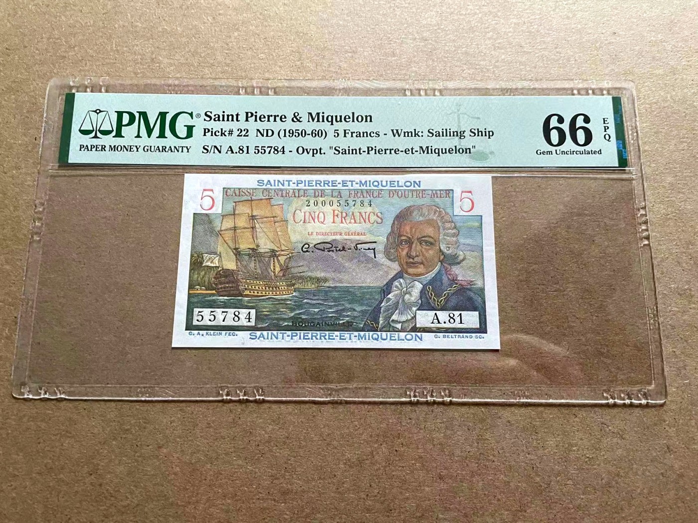 【Blue Auction】✨世界纸币精拍第406期【精】 圣皮埃尔和密克隆 1950-60年5法郎 PMG66EPQ 
