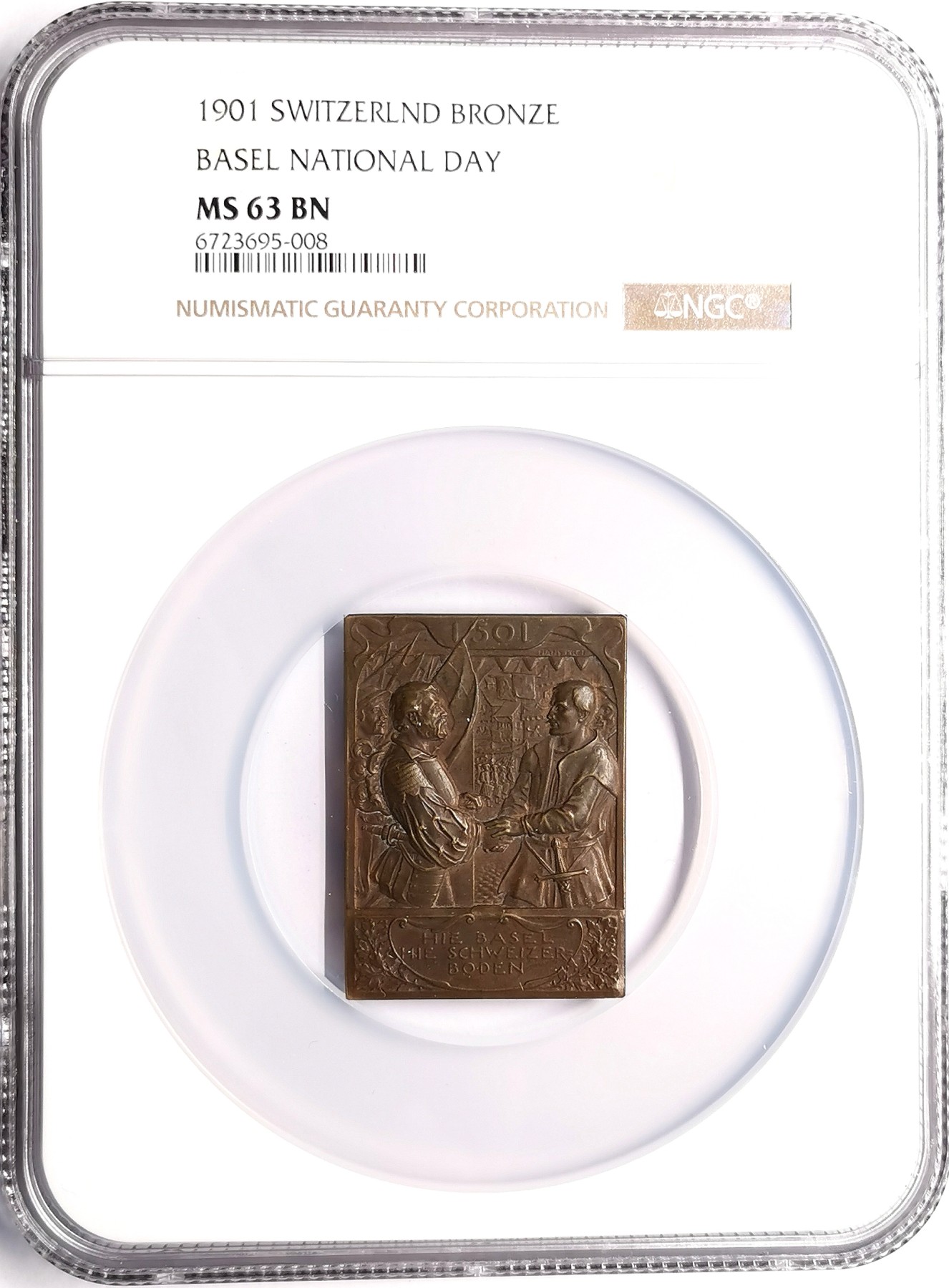 凡希社世界钱币微拍第二百五十七期（感恩专场） 1901瑞士巴塞尔联邦日纪念方型铜章NGC-MS63