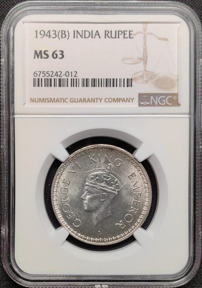 第27期钱币微拍 全场包邮 - NGC MS63 英属印度 1943年B版 乔治六世 1卢比银币 特年