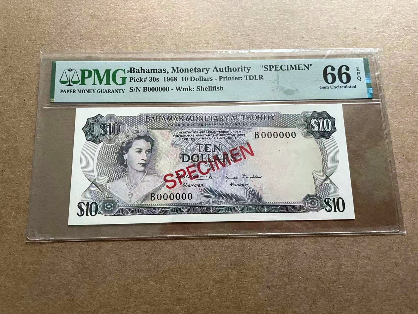 【Blue Auction】✨世界纸币精拍第406期【精】 【样钞】巴哈马 1968年10元 彩背 女王 PMG66EPQ 火烈鸟 