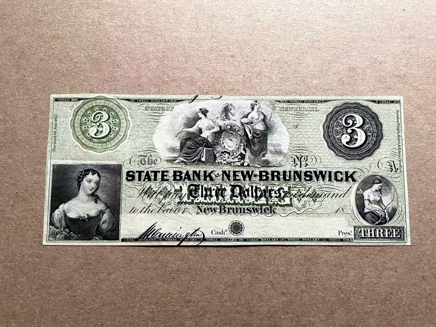 【Blue Auction】✨世界纸币精拍第406期【精】 【带签名少见品种】美国 新布朗斯维克 18XX年3美金 绿色套印 众女神 漏奶 经典 UNC- 