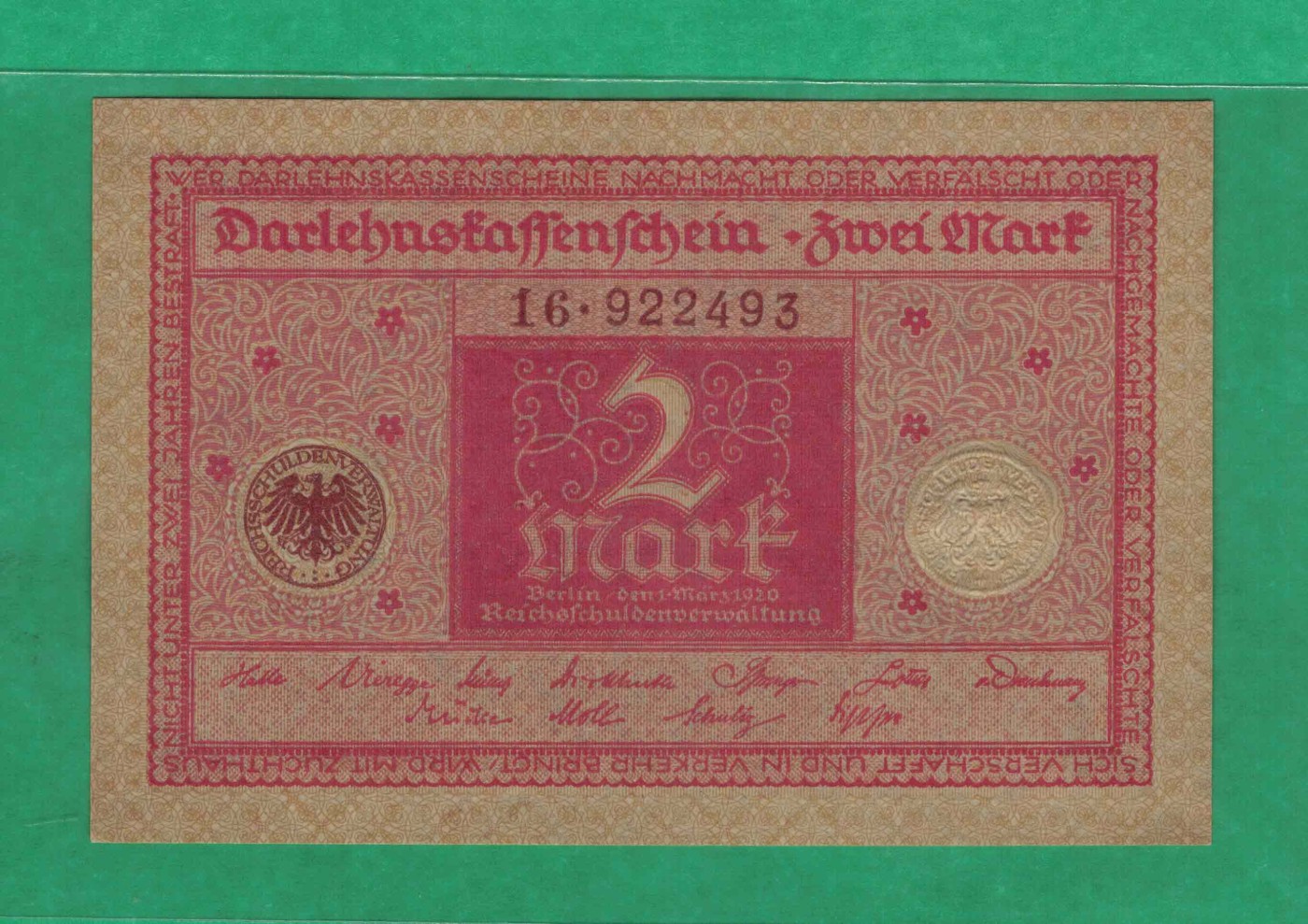 德国1920年2马克 P-59 红色 欧洲纸币 实物图 UNC