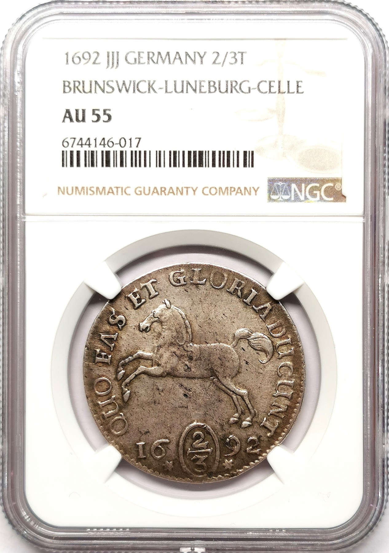 凡希社世界钱币微拍第二百五十七期（感恩专场） 1692布伦瑞克吕内堡飞马2/3泰勒NGC-AU55