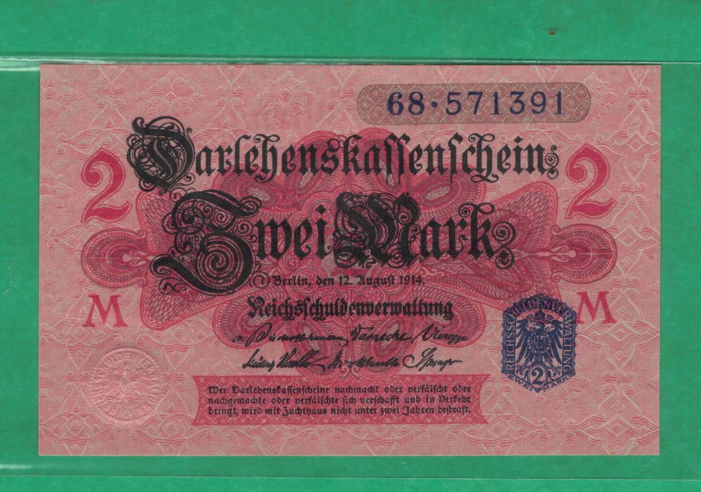 德国1914年2马克 签名如图 红色底 蓝印 蓝号 无4 欧洲纸币 实物图 UNC