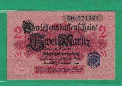 德国1914年2马克 签名如图 红色底 蓝印 蓝号 无4 欧洲纸币 实物图 UNC - 德国1914年2马克 签名如图 红色底 蓝印 蓝号 无4 欧洲纸币 实物图 UNC
