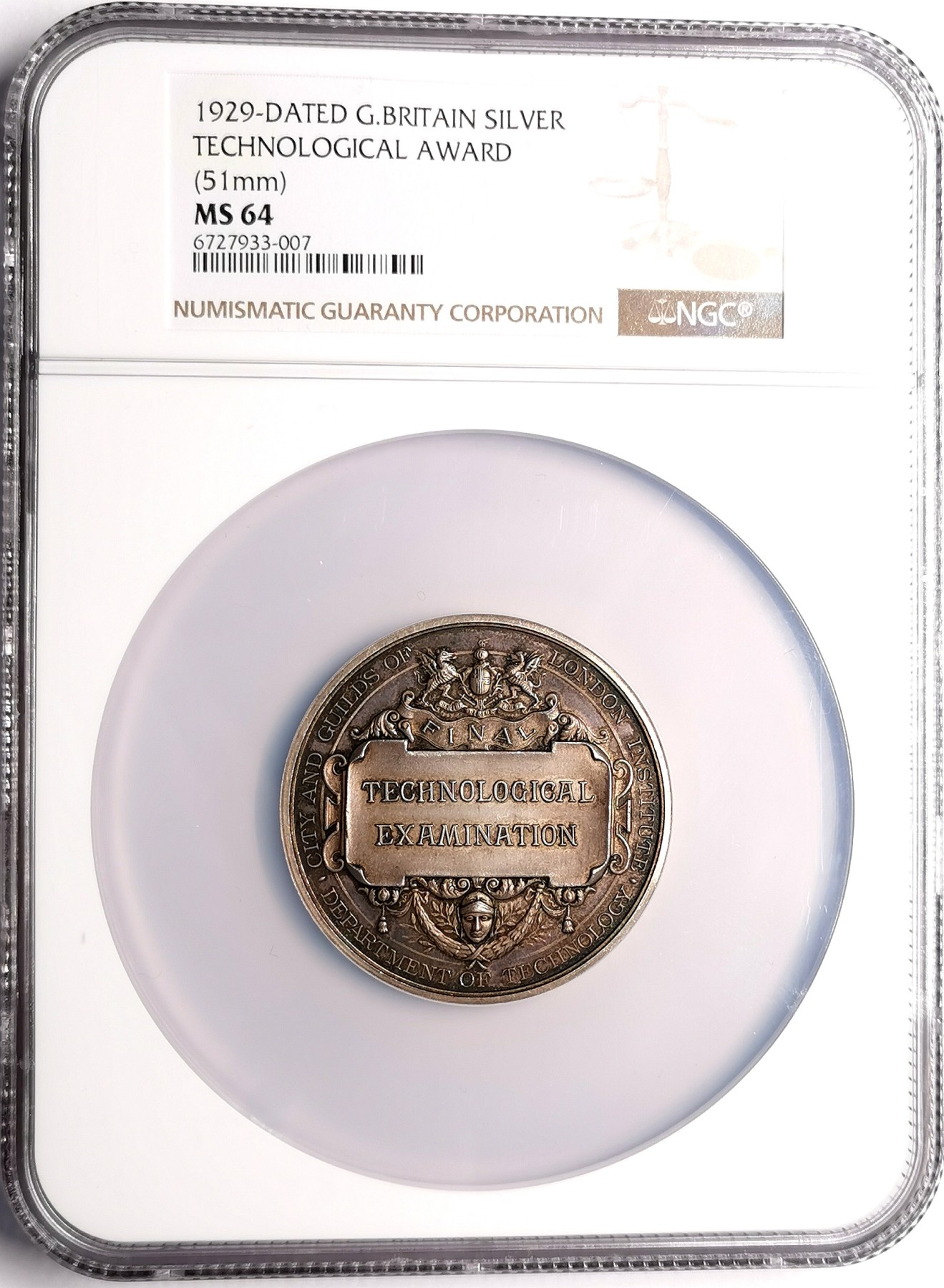 凡希社世界钱币微拍第二百五十七期（感恩专场） 1929英国政府技术测试银质奖章NGC-MS64铸造精美！