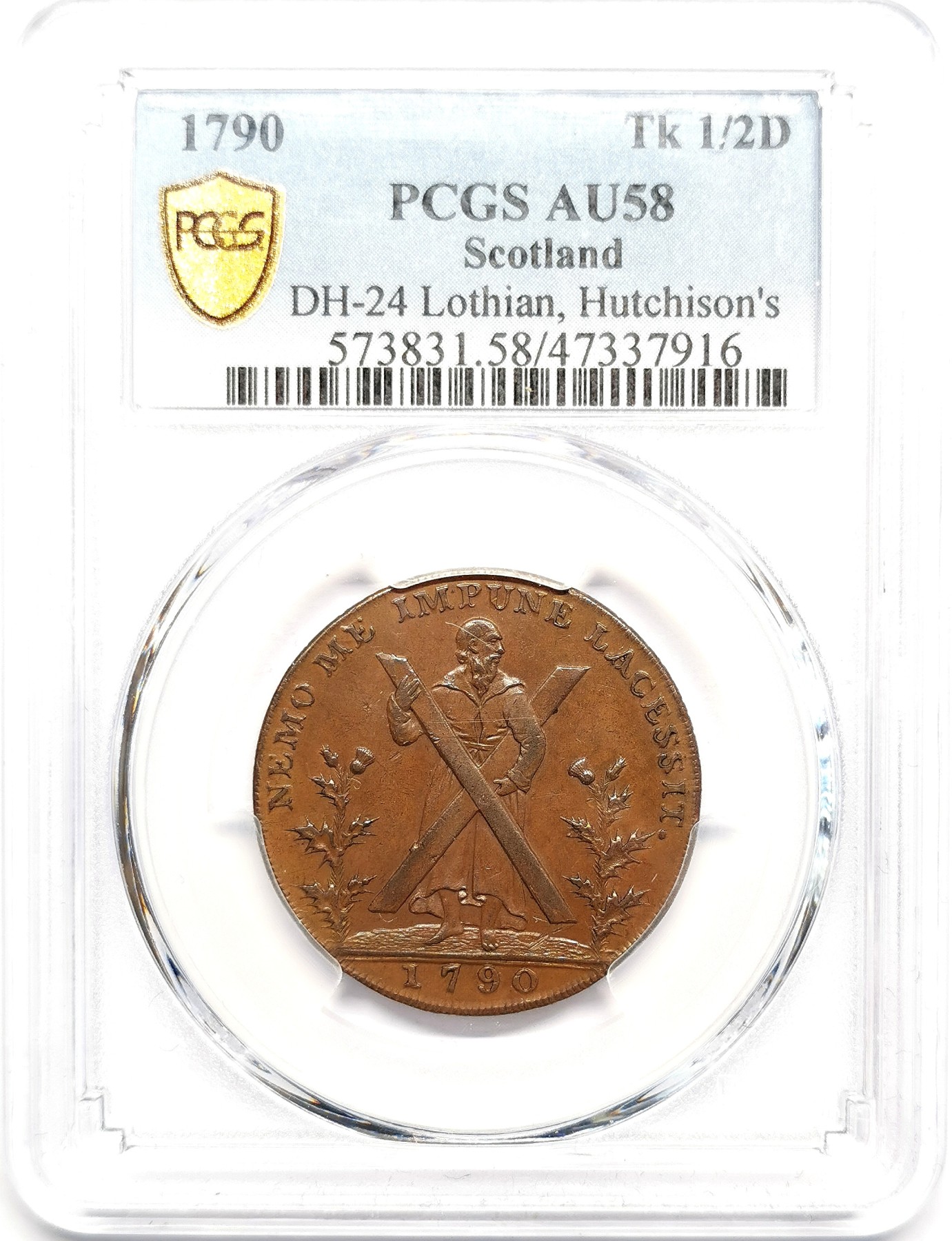 凡希社世界钱币微拍第二百五十七期（感恩专场） 1790苏格兰爱丁堡1/2便士铜代用币PCGS-AU58