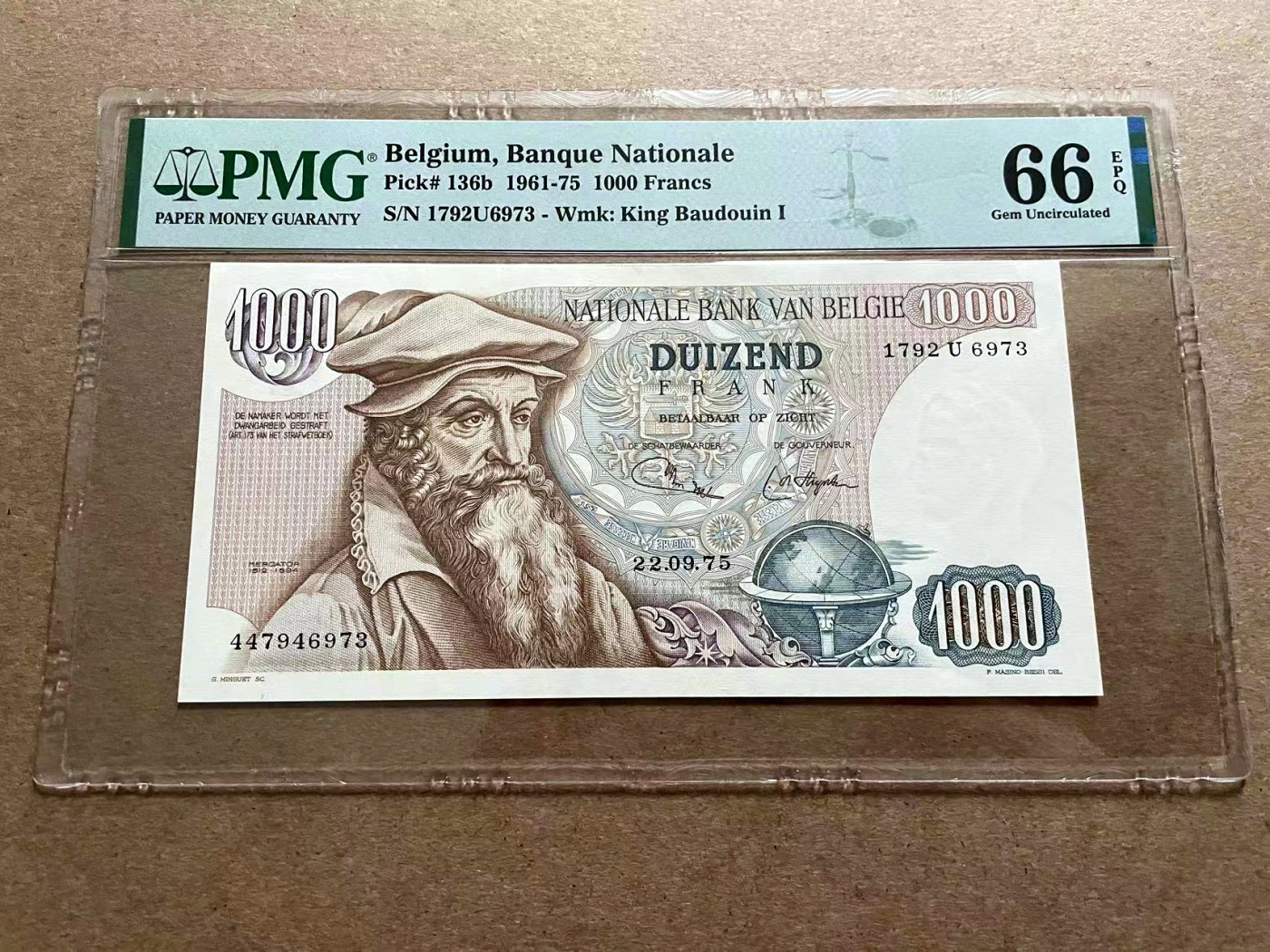 【Blue Auction】✨世界纸币精拍第406期【精】 比利时 1961-75年1000法郎 大力神 PMG66EPQ 