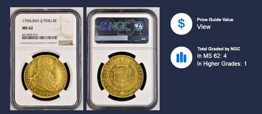 【Blue Auction】✨世界纸币精拍第406期【精】 【仅1枚更高分 起飞大涨品种】西属秘鲁  LIMA版 1796年8埃斯库多 卡洛斯四世 27克大金币 NGC MS62高分（上了MS该品种就是分水岭 收藏级 秘鲁要少于哥伦比亚、智利等常见国别）实物转光非常强烈 底板如缎面般柔和 整体状态远比图片视频好 中拍者必当爱不释手