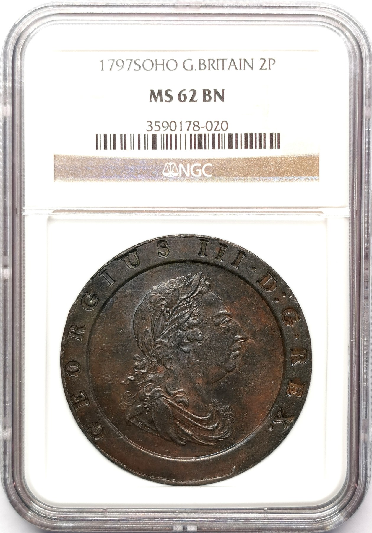 凡希社世界钱币微拍第二百五十七期（感恩专场） 荐！1797英国乔三车轮2便士大铜NGC-MS62巧克力色包浆！