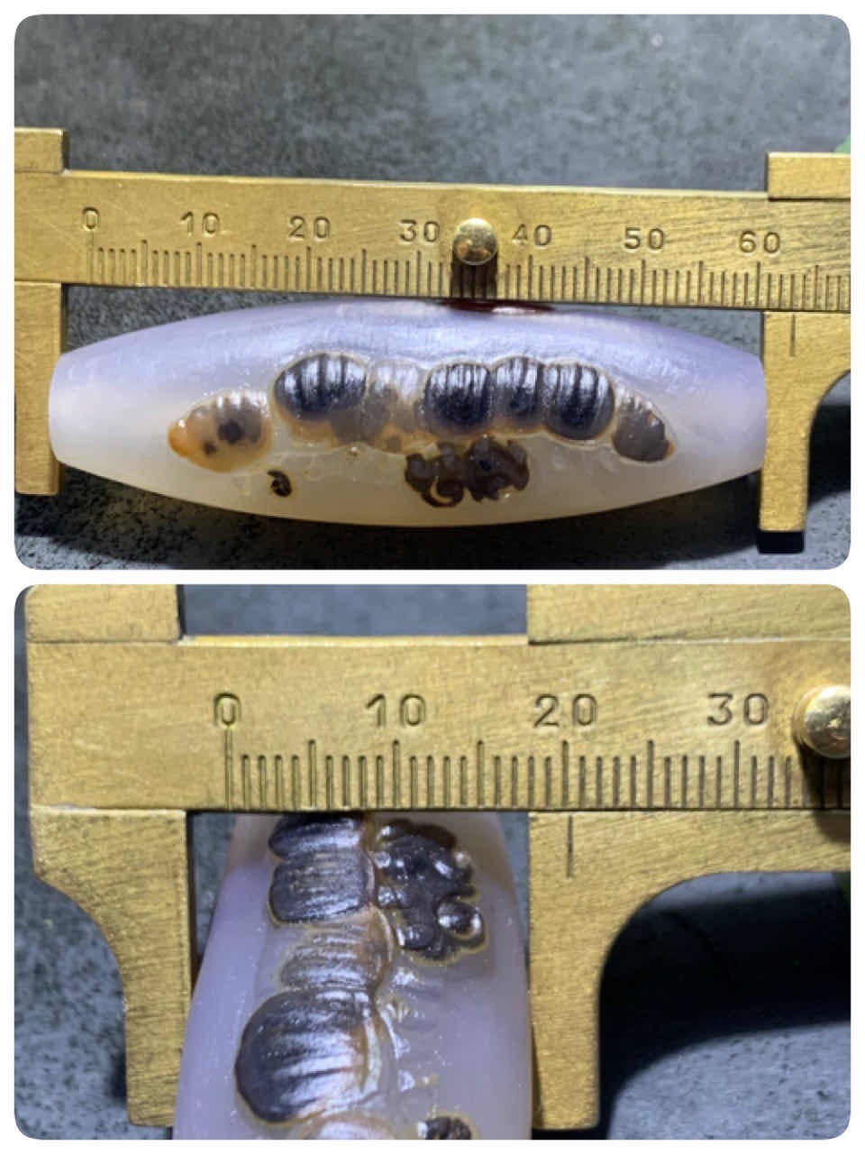 精美亚光高玉化巴西玛瑙手工俏色巧雕如意毛毛虫大桶珠一个