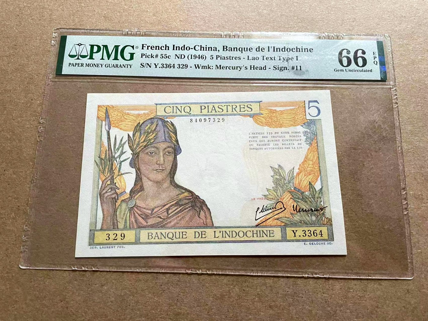 【Blue Auction】✨世界纸币精拍第406期【精】 【无47】法属印支 1946年5皮 PMG66EPQ 带中文字 精美 